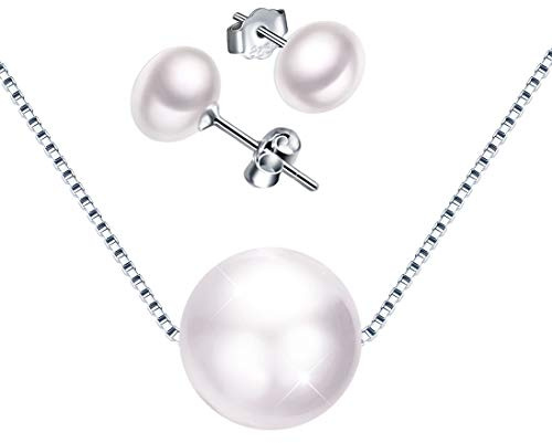 Yumilok Halskette mit Süßwasserperlen, 925er-Silber, Halskette, Anhänger und Ohrringe für Mädchen und Damen, Schmuckset