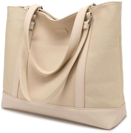 Bolso de mano grande de lona para el trabajo de 15,6 pulgadas para mujer, bolso de hombro, Beige (Caqui), Large