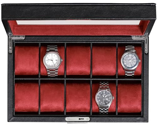 ROTHWELL Uhrenbox aus Leder mit 10 Fächern – Luxus-Uhrenetui, Veranstalter Uhrenaufbewahrung, Ultraweiches Mikro Wildlederimitat Futter, Abschließbarer Schmuck-Uhrenhalter mit Großer Glasplatte