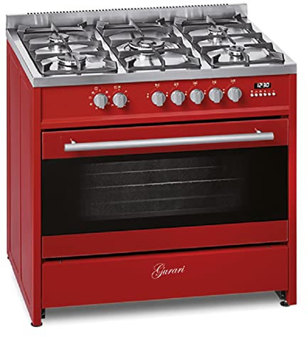 Gurari Gasherd mit Elektrobackofen GCH E 911 R Gas Elektro Standherd 90 cm in Rot | Range Coocker 5 Kochzonen 3,8 kW WOK | Freistehender Gasherd Propangas/Erdgas | Elektro Backofen 121 L