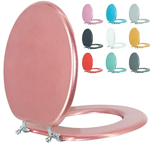 BLOFDE Round Toilet Seat Wood Toilet Seat Prevent Shifting with Zinc Alloy Hinges American Standard Size Toilet Seat Easy to Install also Easy to Clean （Round,Sparkling Queen Red)