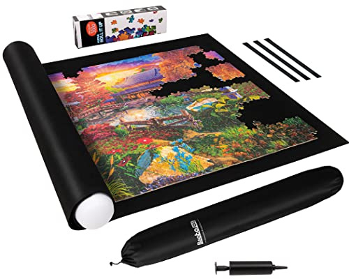 Becko US Tapis de puzzle enroulable de 3000 pièces avec sac à cordon de serrage et pompe noire, tapis en feutre avec tube anti-fuite et 3 bandes élastiques pour un rangement facile, rangement portable