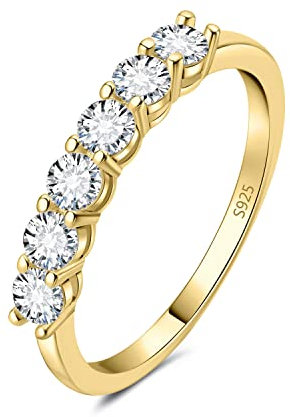 JewelryPalace Modeschmuck Klassisch 6 Stein 1.5mm 0.6ct Moissanite Band Ring Damen, Hochzeitsringe Silber 925 Trauringe Eheringe Frauen, Vorsteckring Halb Eternity Ring Bandring Schmal Vergoldet 57