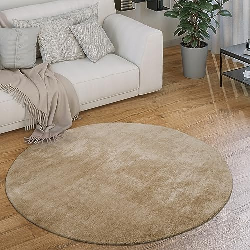 Paco Home Alfombra Redonda Salón Pelo Corto Moderna Mullida Lavable Monocolor, tamaño:Ø 200 cm Redon, Color:Beige 2