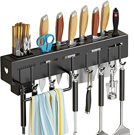 Tuzsocr 50,8 cm Wand-Utensilien-Messerregal, Edelstahl-Messerblock, Utensilien-Aufbewahrungsregal, selbstklebender Kleber, mit 8 Haken, für Zuhause, Küche, Kochgeschirr, Küchenmesser-Organizer (40 cm)