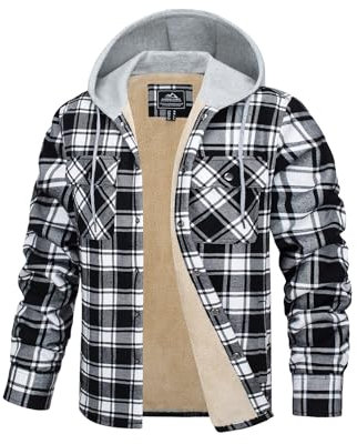 TACVASEN Herren Winter Holzfäller Hemdjacke Freizeitjacke Casual Hemden Kapuzen Warm Jacket Fleecejacke (XXL, Schwarz)