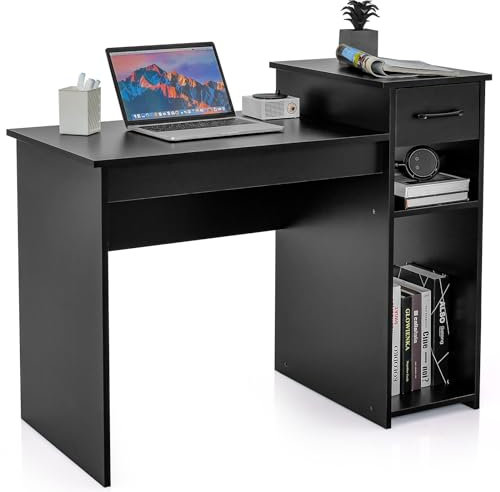 COSTWAY Scrivania con cassetto e mensole aperte, scrivania per computer in legno, tavolo da lavoro, scrivania per ufficio, tavolo per piccoli spazi, 104 x 50 x 82 cm, nero
