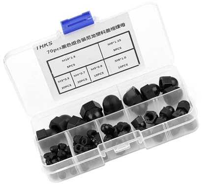 Kuppelkappenmutter, 70-teiliges Sortiment an Sechskant-Eichelkappenmuttern M3/M4/M5/M6/M8/M10 Nylon-Eichelmutter-Sechskantmuttern mit Kuppelkopfkappe (schwarz), Kugelkopf (Schwarz)