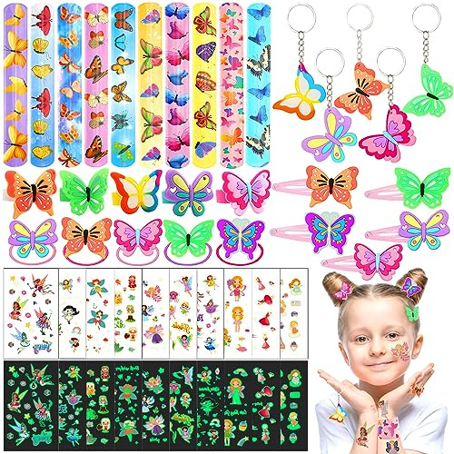 Zeuwets 40 Stück Party Mitgebsel Mädchen, Kindergeburtstag Gastgeschenke Geschenk Kinder, Schmetterlinge Schnapparmband Tattoos Schlüsselanhänger Haargummis Haarspangen Ring Party Favor Spielzeug