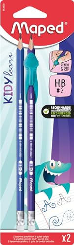 Maped Kidy Learn Writing Set - 2 pencils + 1 removable finger guide - Ergonomic Finger Guide in soft touch material - Learning tool for graphite pencils - School Supplies