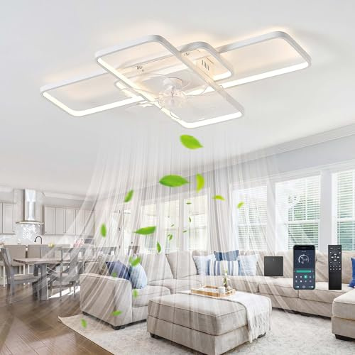 GWYAJTU 120W Grande Lampadario Con Ventilatore Da Soffitto Moderno LED Dimmerabile Reversibile 6 Velocità Timer Ventilatore Da Soffitto Con Luce Silenzioso Per Salotto Camera Da Letto…-White||85cm