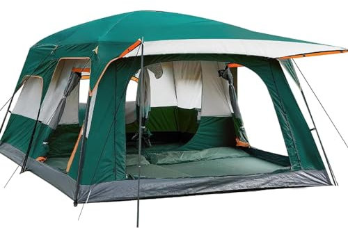 Extra großes wasserdichtes Campingzelt 12-Personen-Zelt, Familienhüttenzelte, 2 Schlafzimmer, gerade Wand, 3 Türen und 3 Fenster mit Netz, wasserdicht