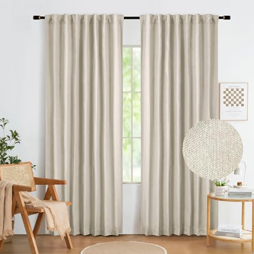Abstractex Natural Full Blackout Curtains 54 Inch Long, Beige Burlap Linen Textured Farmhouse Back Tab Rod Pocket Thermal Insulated Window Treatment for Bedroom Living Room, 52 W 2 Panels