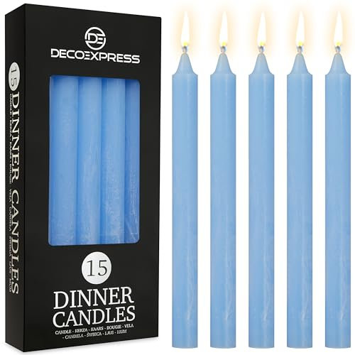 DECO EXPRESS Tapered Candle Set of 15 Classic Dripless Rustic Tapered Unscented 9H Burn Time Handmade Decorative Dinner Candles Restaurant Home Christmas (Blue, 15 Pack)
