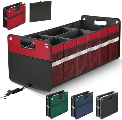 WINHUNT Car Boot Organiser, Large Storage Organiser, Non Slip Bottom, Collapsible Multi Compartment for Home, Suv, Truck, 100L(Red)