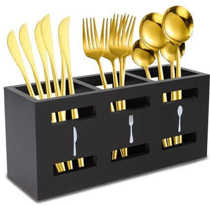 Gzsekken Kitchen Utensils Holder Black Utensil Holder Cutlery Holder 3 Compartments Wooden Utensil Storagae Kitchen Utensils Organiser Cutlery Caddy Cooking Tools Storage for Countertop