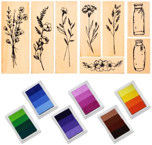 BRIOTA 8 Stück Holzstempel Stempelset, Natürlichel Pflanze Stempelset, Stempel Blumen mit Stempelkissen, für Scrapbooks Journals Tagebücher Crafts DIY Karten
