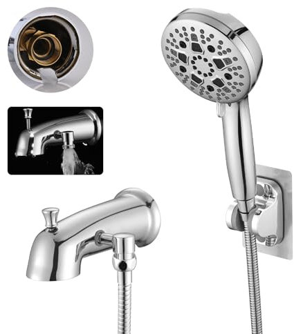 RAINREVIVE All Metal Tub Spout with Diverter Fits for Threaded 1/2 or 3/4 IPS, Bathtub Faucet with Sprayer High Pressure 9 Settings Hand Held Shower, Chrome