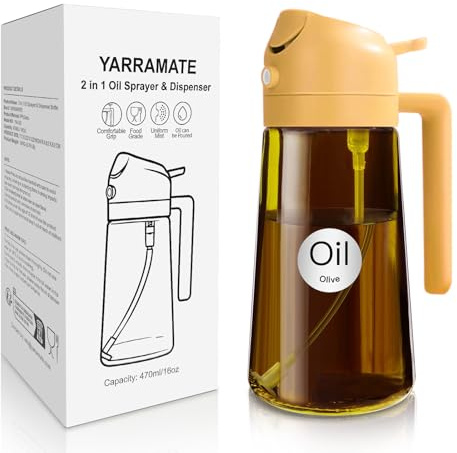 YARRAMATE 16oz/470ml Light-Blocking Dark Oil Sprayer for Cooking, 2-in-1 Olive Dispenser Bottle, Premium Amber Glass, Food-Grade Mister for Air Fryer, BBQ, Kitchen Use (Orange) | Food-Grade 2 in 1 Olive Oil Dispenser Bottle for Kitchen, Premium Dark Amber Glass Oil Bottle for Air Fryer, BBQ