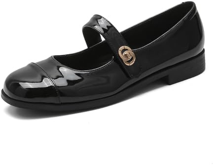 Ballerine classiche Mary Jane da donna in pelle verniciata, eleganti ballerine con punta rotonda, morbide ballerine da lavoro retrò Mary Jane, nero, 35 EU
