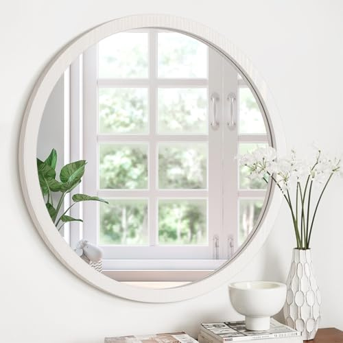 JJUUYOU Runder Spiegel mit Holzrahmen Vintage 30 cm Wandmontierter Spiegel für Badezimmer, Wohnzimmer, Schlafzimmer, Schlafsaal, Weiß