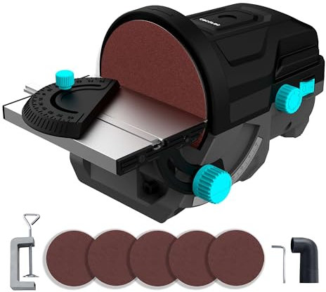 Cecotec Elektrische Tischscheibenschleifmaschine PerfectSurface 1000 Stand Disc. 140W, 5 Schleifpapier-Ersatz mit 125mm, Schleifbank, abnehmbarer Adapter, Halterung zur Befestigung auf dem Tisch