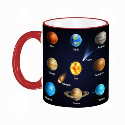 KDWJS Taza divertida de cerámica de 11 onzas,Tazas Originales de Desayuno - Graciosos Ideas para Regalos - Cerámica 330 ml - Planetas del solar y objetos espaciales realistas aislados
