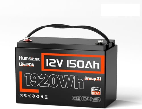 HumsiENK - Batería de litio (12 V, 150 Ah, LiFePO4, Baterías, Eingebautes 100 A, BMS, 15000 Deep Cycle Solarzellen, mit Niedertemperaturschutz, Geeignet für Wohnmobile, Boote, Trolling Motoren,