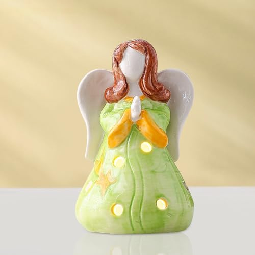 DZAY LED Dekofigur Engel Keramikfigur Windlicht Belechtung Deko,Betender Engelsfigur Dekoengel Engelchen Lichtdeko Teelichthalter Engel aus Keramik Statue mit LED Weihnachtsengel (Grün)