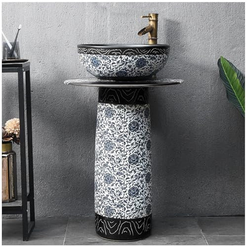 RDIAYDN LuxuriöSes Keramik-Waschbecken, Rund, Standwaschbecken Mit Hahn/üBerlaufloch, SäUlen-Waschbecken GäSte Wc Waschtisch Handwaschbecken,3 Piece Set