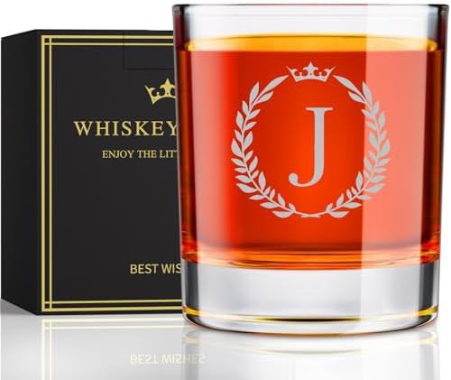 Astonlink Personalized Whiskey Glasses Gifts for Men, Monogrammed Engraved A-Z 10.6 oz Rocks Glass Customized Gift, Unique Christmas Birthday Gifts for Men Him Dad Husband Brother Son (J)