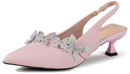 Women's Rhinestone Butterfly Slingback Kitten Heels – Pointed Toe Dress Shoes for Wedding Guest, Cocktail Party, Prom, Evening or Formal Events – Elegant Slip-On Low Heels for Women