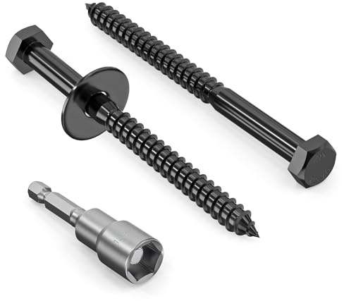 12Pcs M8 x 100mm Coach Screws, Heavy Duty Lag Bolts, 100mm Wood Screws | 304 Stainless Steel, Hex Head Partial Thread Black Oxide, with Washers and Hex Socket Drill Bit
