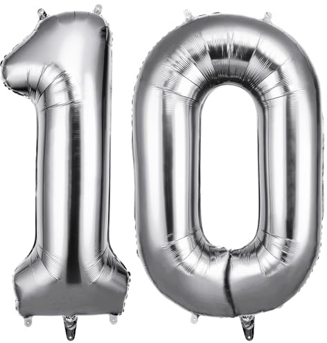 OFFCUP Zahlen Luftballon 10 Geburtstag Silber, Folienballon Zahl 10 | 40 Zoll Helium Ballons Riesen 101cm Geburtstag Mädchen Junge PartyDeko Ballon Zahl Deko zum Jubiläum Neujahr Hochzeit