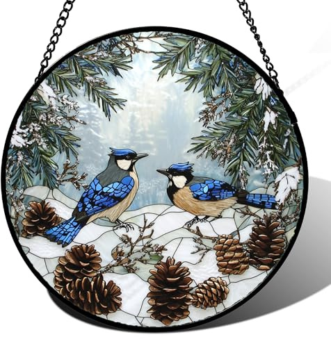 HWRHTR Buntglas-Fensteraufhängung – Blauer Vogel, Winterwaldlandschaft, Sonnenfänger für Tür, Garten, Hof, Sonnenfänger, Dekoration, Weihnachten, Muttertag, Geburtstag, Geschenke für Frauen, Mutter