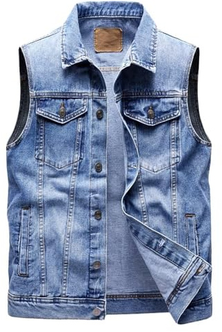 Lockenstab Herren Jeansweste Ärmellos Jeansjacke Mit 6 Taschen Biker Weste(A,XL)