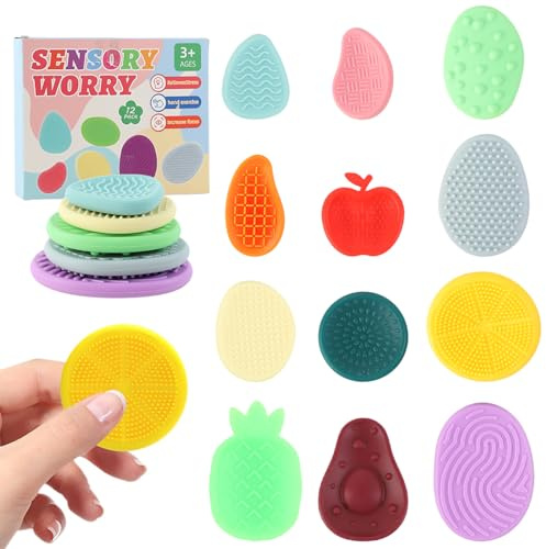 Hwtcjx 12 Pezzi Fidget Toys per Bambini e Adulti, Pietre Sensoriali per Bambini con Autismo, Giocattoli Sensoriali, 12 Diversi Tattili e Visivi per Alleviare L'ansia, Pietra Sensoriale in Silicone