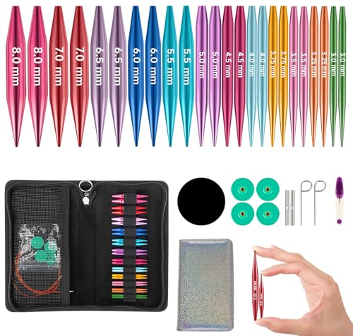 Set di ferri circolari intercambiabili, 8 cm, intercambiabili con borsa e accessori, 12 aghi da 3 a 8 mm di diametro, 4 cordoncini da 20-60 cm, set di uncinetti in alluminio (12 paia, 8 cm)