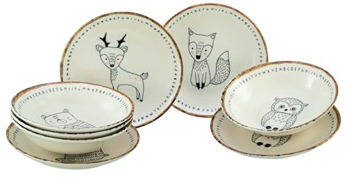 CreaTable, 24865, Serie Freunde des Waldes, 8-teiliges Geschirrset, Teller Set aus Steinzeug, spülmaschinen- und mikrowellengeeignet, Qualitätsproduktion