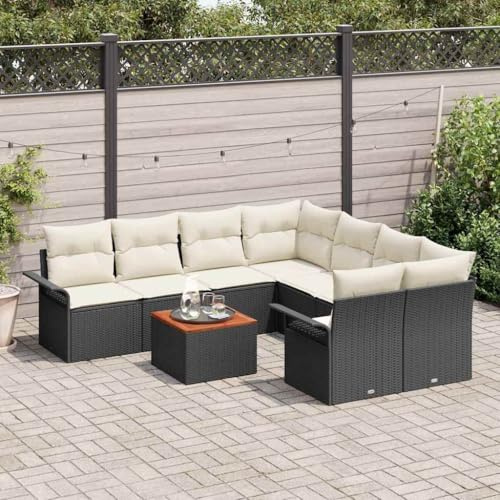 QJBSAVVA Gartenlounge Schwarz 9-teiliges Poly-Rattan Balkonmöbel-Set mit Stauraum 55x55x37 cm Esstisch und modulare Sitzgruppe für Garten Terrasse und kleinen Balkon