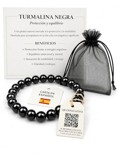 raian Pulsera Turmalina Negra Mujer y Hombre 8 mm, Pulsera de Turmalina Negra Natural, Pulsera Negra Elástica Unisex, Diseño Elegante, Idea de Regalo con Tarjeta y QR