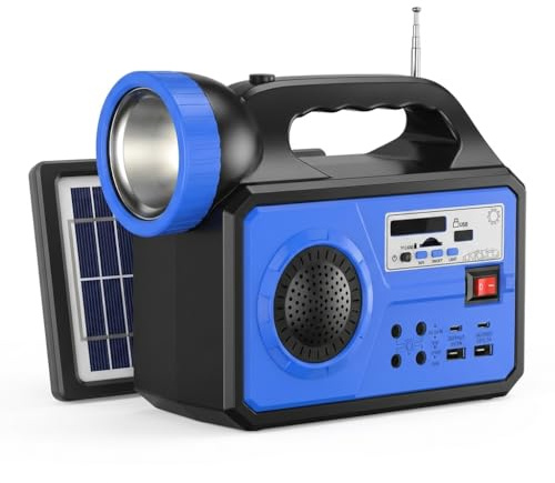 MAKA Power Bank Solare 5000mAh con Torcia LED 5W, 3 Lampadine Esterne, Radio FM Bluetooth, Ricarica USB Type-C, per Campeggio ed Emergenza, 21,5x8,6x16,3 cm (A)