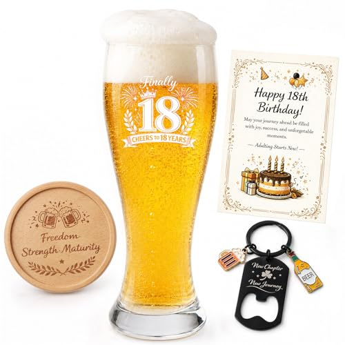 18. Geburtstag Junge Geschenk Personalisierte Bierglas mit Gravur 580ML | 18 Geburtstag Deko für Männer mit Untersetzer aus Holz Flaschenöffner Grußkarten für 2008-18 Geburtstag Deko Sohn Enkel Brude