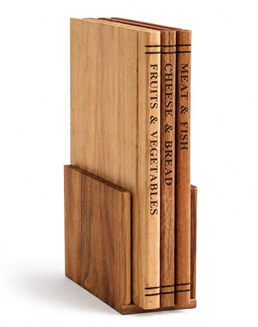 Premium Schneidebrett Set aus Holz mit Ständer – 3-teilig Design Schneidebrett holz Set aus Edelholz – Moderne Holzbrett Küche Plastikfrei – Küchenutensil im Bücheregal Stil mit Saftrille