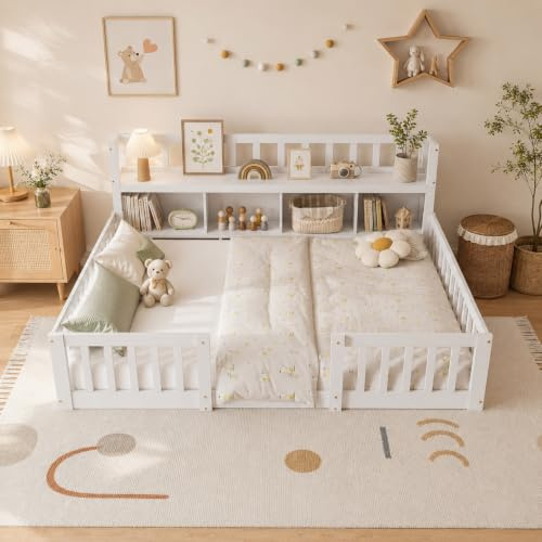 OLIVIBED Cama Montessori 140x200 cm, Cama Infantil con protección contra caídas y estantería, Cama para niños de Madera con Puerta para niños y niñas, Baja Altura de Entrada, sin colchón, Blanco