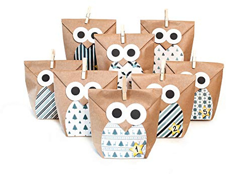 pajoma® Adventskalender zum Befüllen Eule blau – 24 Kraftpapiertüten mit Aufklebern & Klammern – DIY Weihnachtskalender Bastelset – Geschenktüten Weihnachten zum Selbstbefüllen