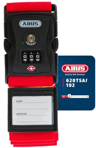 ABUS Sangle à valise avec serrure TSA 620TSA/192 - Sangle à valise avec code numérique à 3 chiffres - Badge inclus - rouge