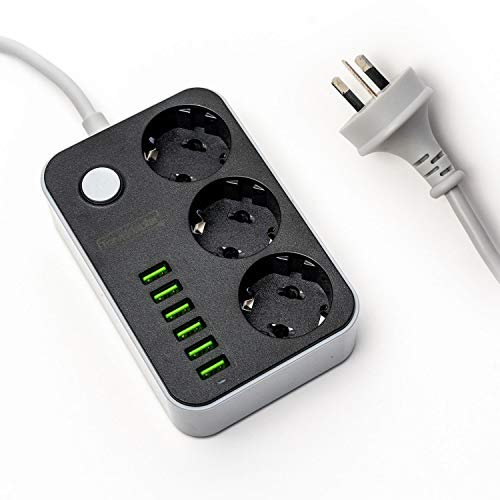 Travel Adapter SOLOMAN ISLANDS Type I Extension Power Strip to Australia New Zealand NZ China Argentina Pacific Islands 1.5m Lead Cable 3 Pin Plug 3 Sockets 6 USB Ports