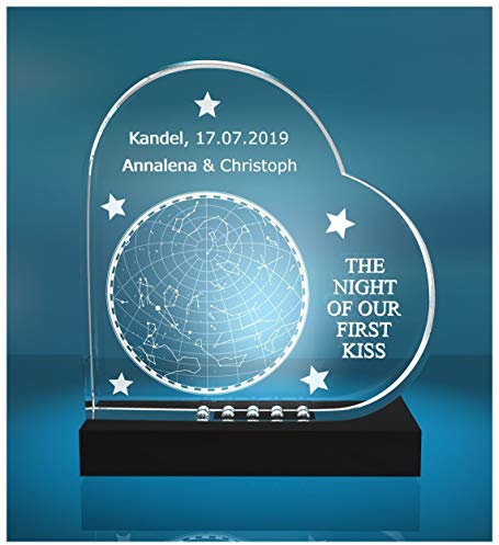 VIP-LASER Glasherz Glasfoto Motiv: Sternenhimmel vom Tag Eures ersten Kusses! - das romantische Geschenk mit Einer persönlichen Gravur! (incl. LED-Leuchtsockel (empfohlen))