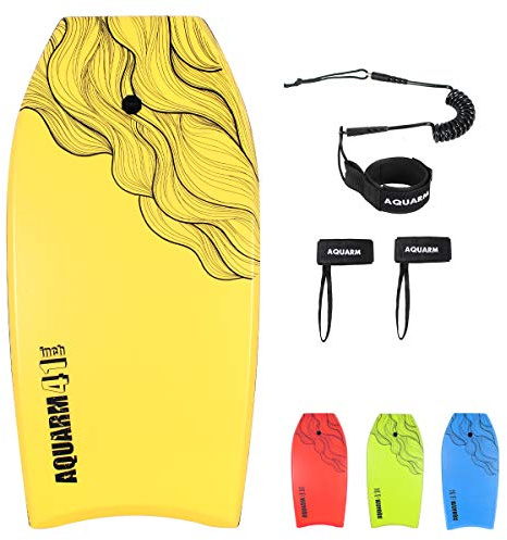 AQUARM 41 inch Bodyboard with Premium Wrist Leash and Fin Tethers, Super Lightweight & Slick Bottom Perfect Surfing for Kids Teens and Adults (Yellow)